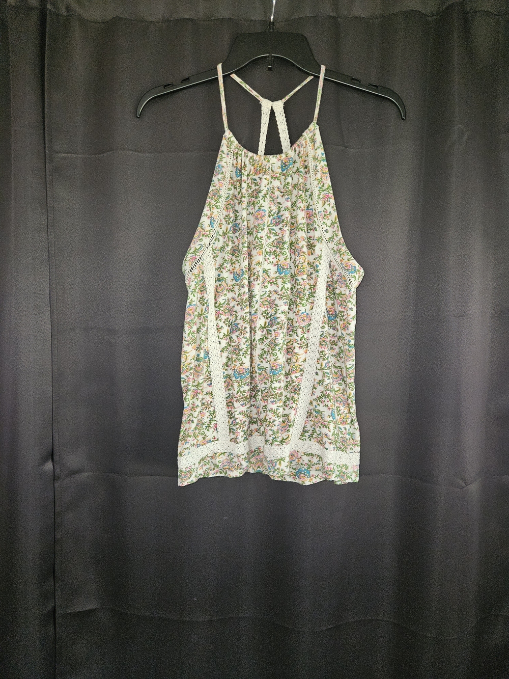 Lucky Brand White Floral Halter Cami with Crochet Trim